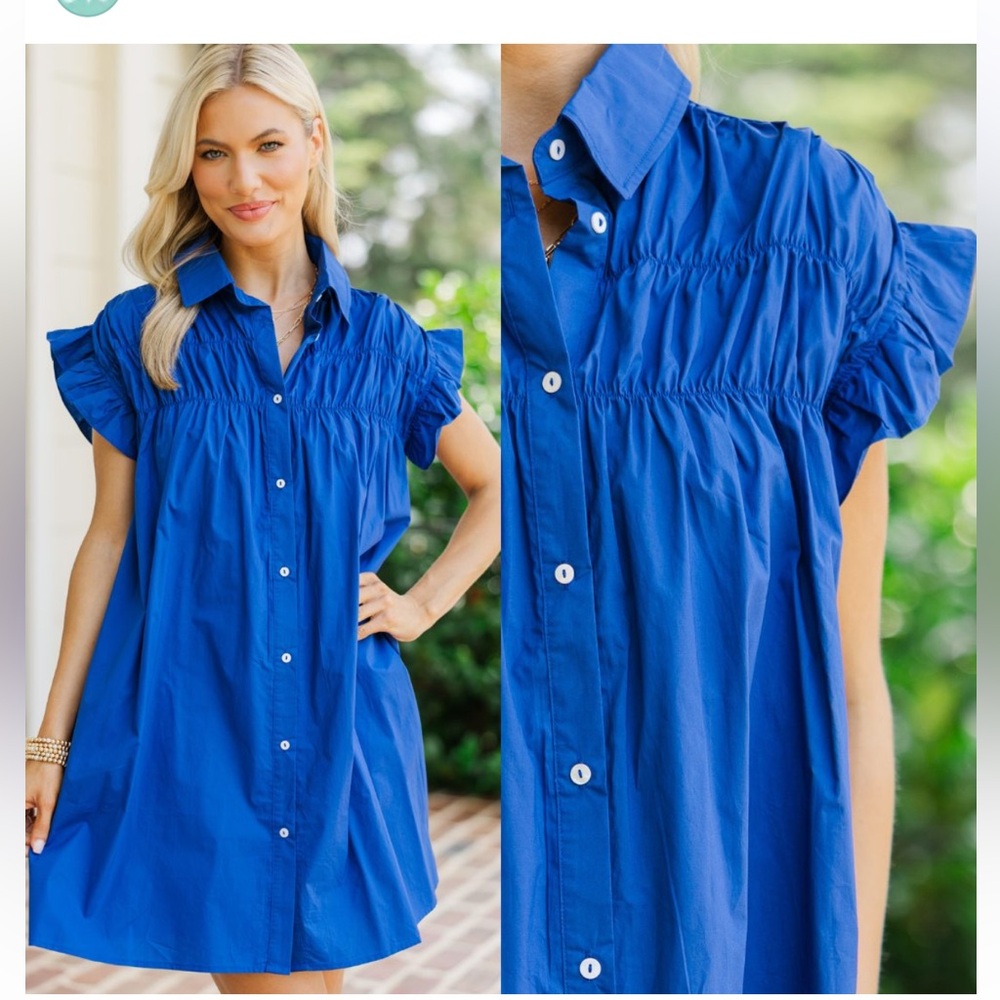 LILLI SIDONIO ROYAL BLUE SHIRTDRESS/coverup BUTTON DOWN RUFFLE SLEEVE NWOT SZ LG